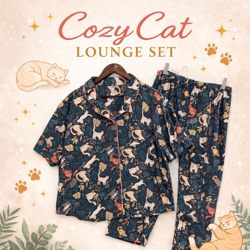 PJ Couture Cat Print Pajama Set Large Button Top & Pants Lounge